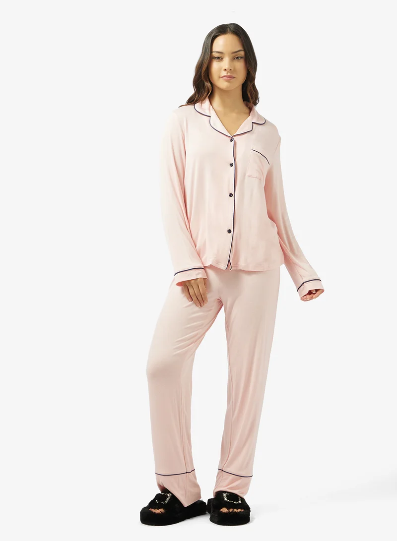 Ginger  Button Down Shirt & Pyjama Set with Contrast Trim for Women | Best Price UAE
