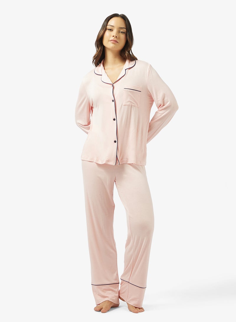 Ginger Button Down Shirt & Pyjama Set with Contrast Trim - Image 1
