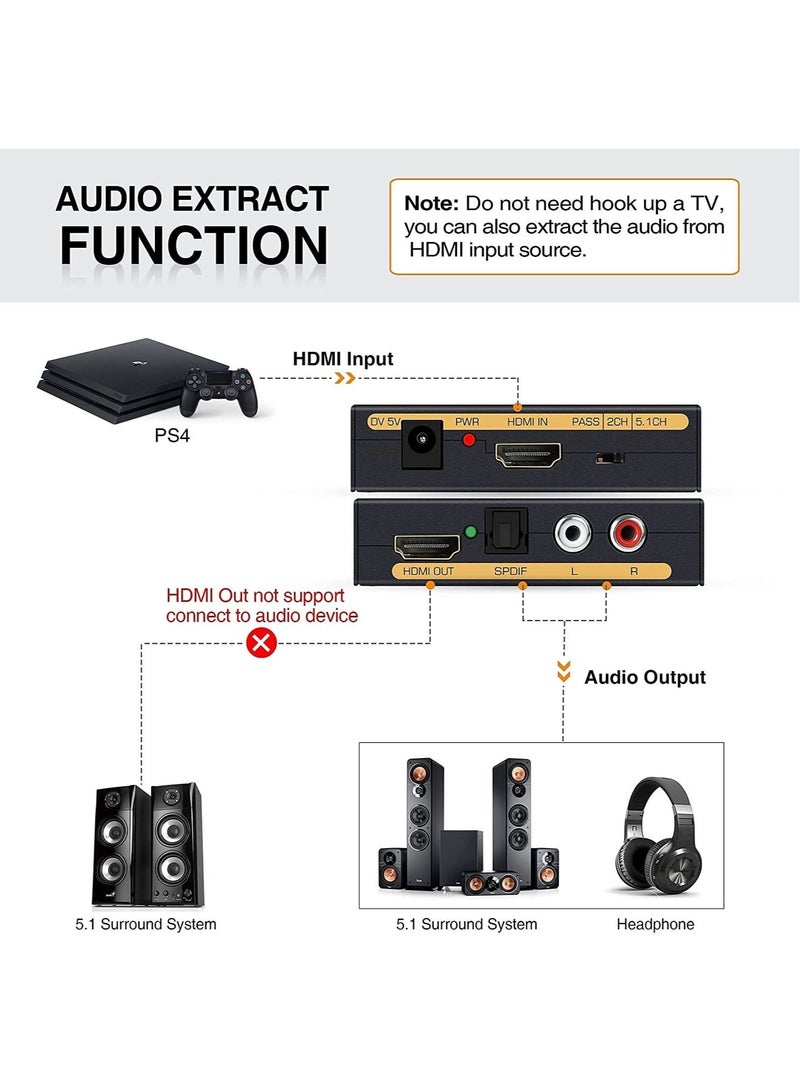 4K 60Hz HDMI Audio Extractor Converter HDMI to HDMI Audio (SPDIF + RCA L/R Stereo) HDMI Video Audio Splitter Adapter for Fire Stick Xbox PS5 Support 3D HDCP 2.2 18Gpbs - Image 2