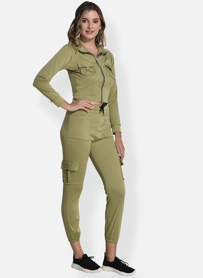 FIMS Olive Green Fleece Stretchable Tracksuit with Cargo Joggers - Image 3