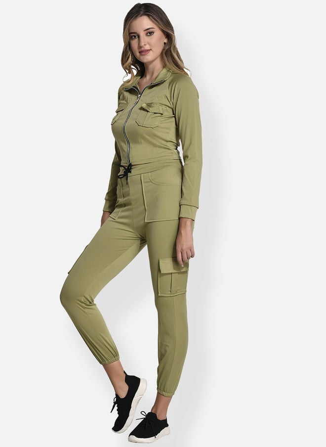 FIMS Olive Green Fleece Stretchable Tracksuit with Cargo Joggers - Image 4