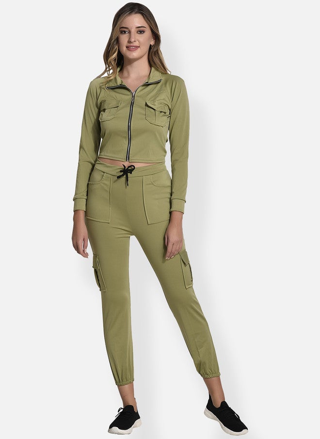 FIMS Olive Green Fleece Stretchable Tracksuit with Cargo Joggers - Image 1