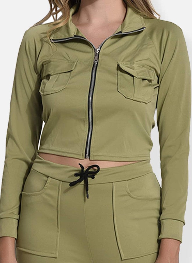 FIMS Olive Green Fleece Stretchable Tracksuit with Cargo Joggers - Image 2