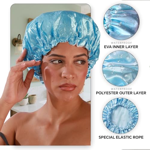 SMILCO 4 Pack Shower Caps, Double Waterproof Layers Reusable Bath Caps for Women Hair Protection - Image 3