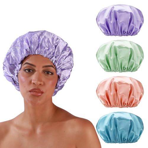 SMILCO 4 Pack Shower Caps, Double Waterproof Layers Reusable Bath Caps for Women Hair Protection - Image 1
