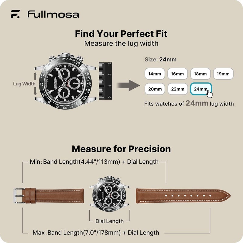 Fullmosa Watch Straps 24mm, Axus Series Leather Strap Replacement Watch Strap with Stainless Steel Metal Clasp for Men Women 14/16/18/20/22/24mm, Brown 24mm - Image 5