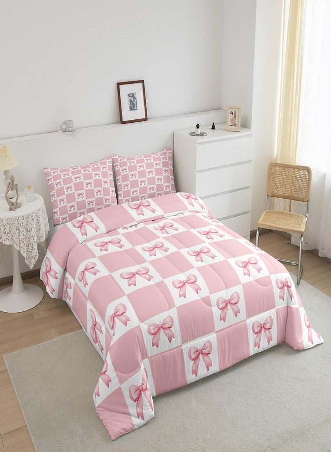 Man Fei Manfei Princess Bowknots Comforter Set Queen Size,Pink Bow-tie Dreamy Bow Girlish Bedding Set for Teens Adults,Geometric Grids Plaids Patchwork Down Comforter,Pink White,3 Pcs 2 Pillowcases - Image 2