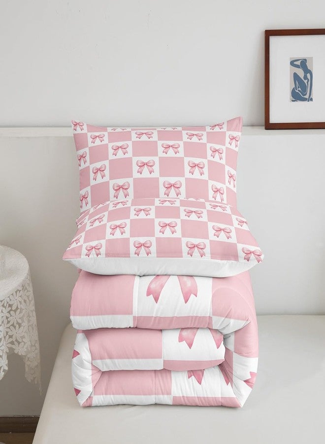 Man Fei Manfei Princess Bowknots Comforter Set Queen Size,Pink Bow-tie Dreamy Bow Girlish Bedding Set for Teens Adults,Geometric Grids Plaids Patchwork Down Comforter,Pink White,3 Pcs 2 Pillowcases - Image 5