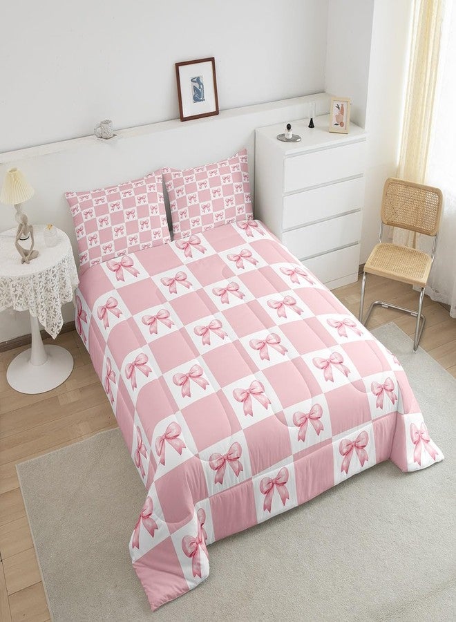 Man Fei Manfei Princess Bowknots Comforter Set Queen Size,Pink Bow-tie Dreamy Bow Girlish Bedding Set for Teens Adults,Geometric Grids Plaids Patchwork Down Comforter,Pink White,3 Pcs 2 Pillowcases - Image 3