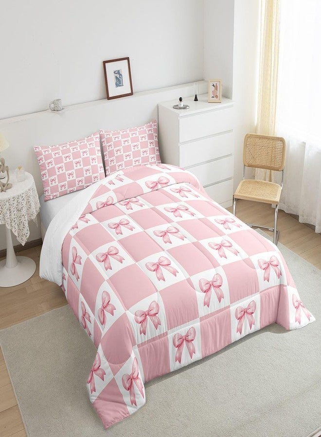 Man Fei Manfei Princess Bowknots Comforter Set Queen Size,Pink Bow-tie Dreamy Bow Girlish Bedding Set for Teens Adults,Geometric Grids Plaids Patchwork Down Comforter,Pink White,3 Pcs 2 Pillowcases - Image 4