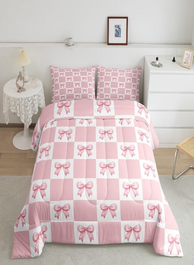 Man Fei Manfei Princess Bowknots Comforter Set Queen Size,Pink Bow-tie Dreamy Bow Girlish Bedding Set for Teens Adults,Geometric Grids Plaids Patchwork Down Comforter,Pink White,3 Pcs 2 Pillowcases - Image 1