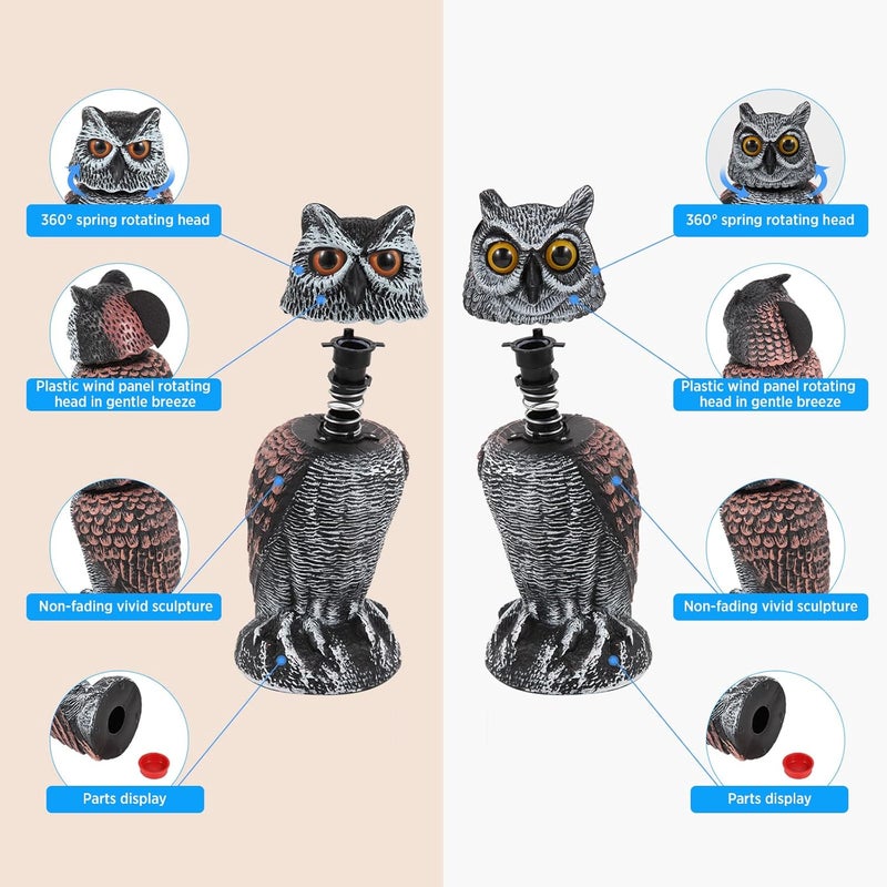Hedoc 2 Pack Fake Owl Decoys to Scare Birds Away, Rotating Head Bird Deterrents, Nature Enemy Scarecrow Plastic Statues, Pest Repellent for Gardens and Patios - Image 4