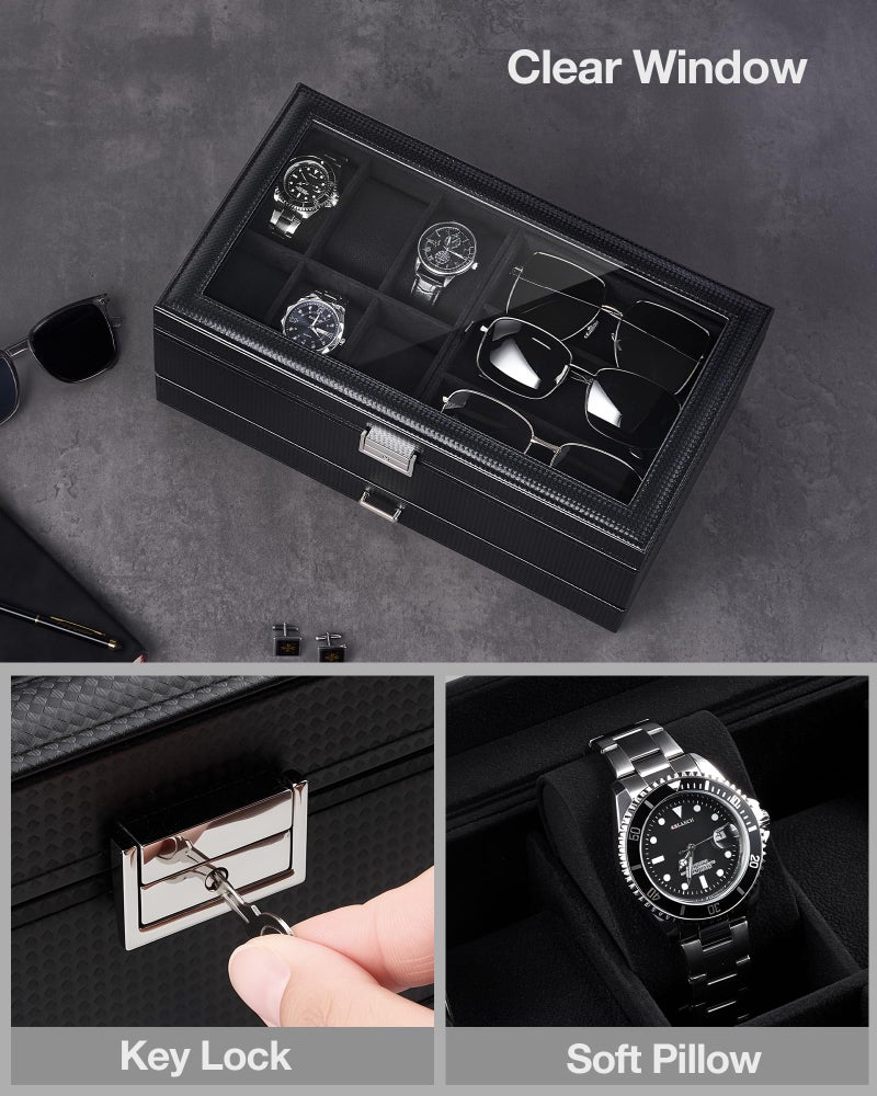 ProCase Mens Jewelry Box, Lockable 6 Slot Watch Case & 3 Slot Sunglasses Organizer, 2-layer Mens Jewelry Organizer Watch Box for Men, Watches Holder Display Storage Valentine Birthday Gifts -AllBlack - Image 5