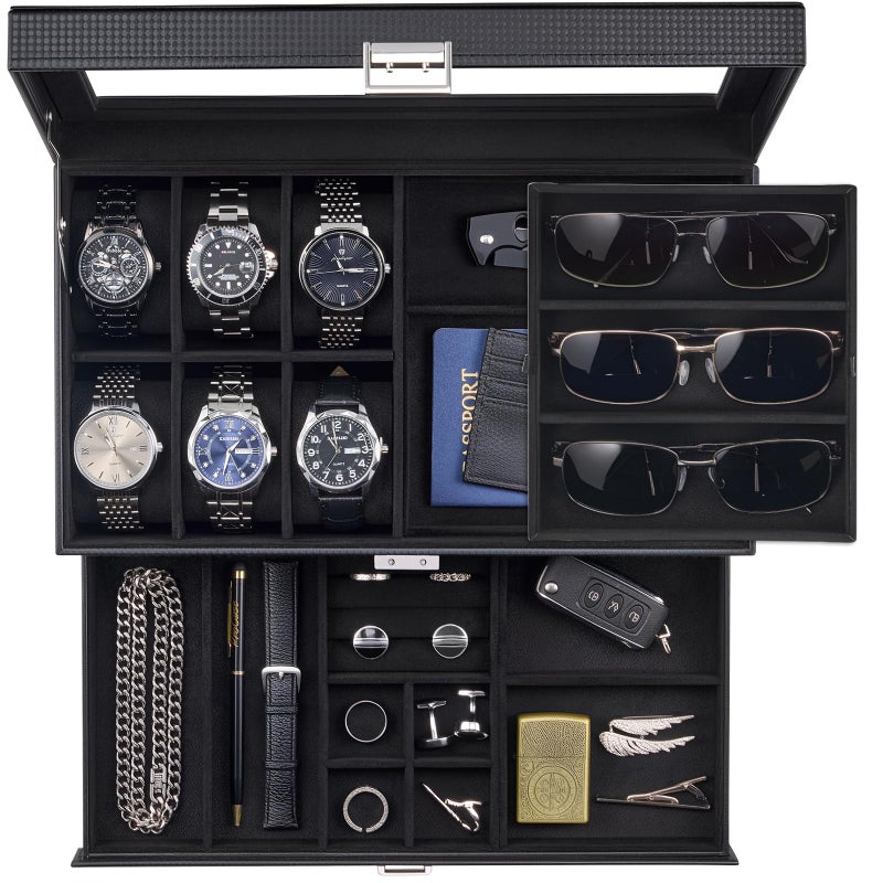 ProCase Mens Jewelry Box, Lockable 6 Slot Watch Case & 3 Slot Sunglasses Organizer, 2-layer Mens Jewelry Organizer Watch Box for Men, Watches Holder Display Storage Valentine Birthday Gifts -AllBlack - Image 1
