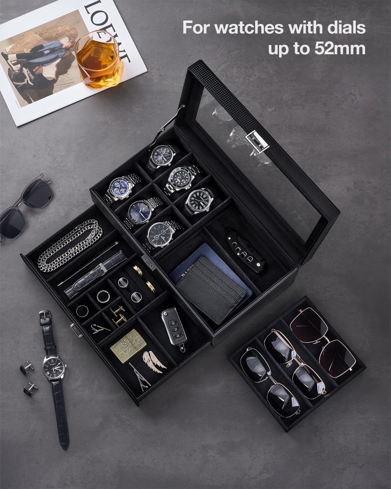 ProCase Mens Jewelry Box, Lockable 6 Slot Watch Case & 3 Slot Sunglasses Organizer, 2-layer Mens Jewelry Organizer Watch Box for Men, Watches Holder Display Storage Valentine Birthday Gifts -AllBlack - Image 2