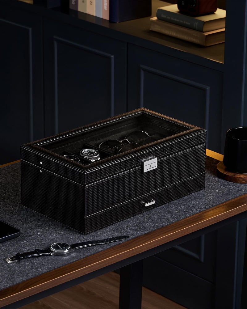 ProCase Mens Jewelry Box, Lockable 6 Slot Watch Case & 3 Slot Sunglasses Organizer, 2-layer Mens Jewelry Organizer Watch Box for Men, Watches Holder Display Storage Valentine Birthday Gifts -AllBlack - Image 4