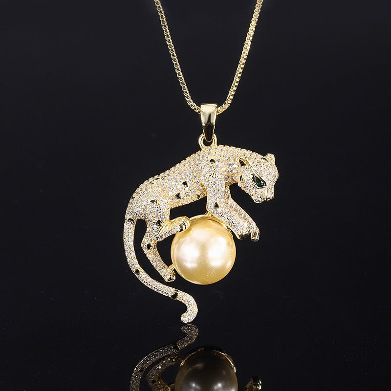 Gold-Tone Leopard Pendant Necklace with Pearl Beads - 14mm Charm for Women