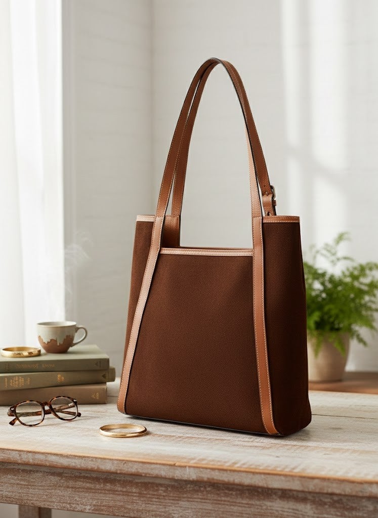 'Ethraa' Luxe Suede & Genuine Leather Shoulder Tote Bag - Image 2