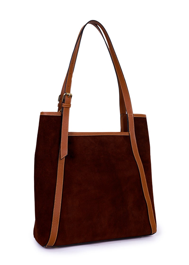 'Ethraa' Luxe Suede & Genuine Leather Shoulder Tote Bag - Image 1