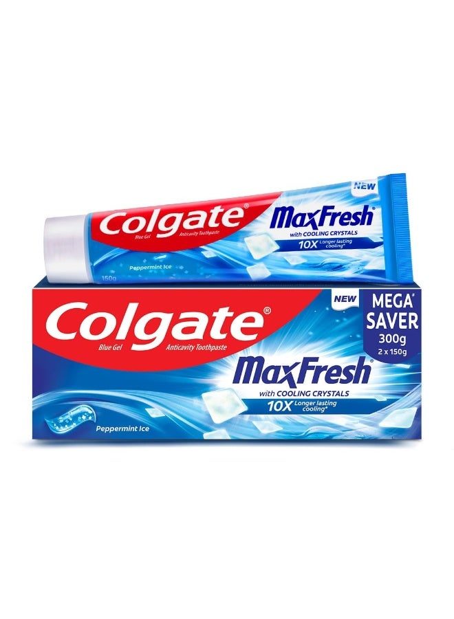 كولجيت معجون أسنان كولجيت ماكس فريش للعناية بالفم، عبوة توفير 300 جرام (150 جرام × 2)، ثلج النعناع، ​​معجون جل أزرق مع المنثول وبلورات التبريد للتحكم في رائحة الفم الكريهة - Image 1
