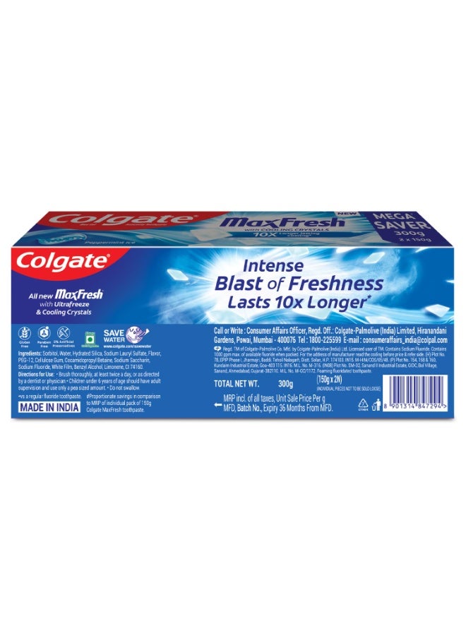 كولجيت معجون أسنان كولجيت ماكس فريش للعناية بالفم، عبوة توفير 300 جرام (150 جرام × 2)، ثلج النعناع، ​​معجون جل أزرق مع المنثول وبلورات التبريد للتحكم في رائحة الفم الكريهة - Image 2