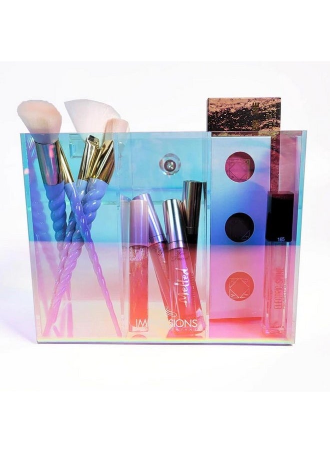 IMPRESSIONS VANITY · COMPANY - Impressions Vanity Prisma Clear Acrylic Makeup Brush Holder, 3 Slots Makeup Organizer With Flip Top Opening, Iridescent Plastic Vanity Organizers Storage Case For Cosmetic, Skincare Accessories - Image 1