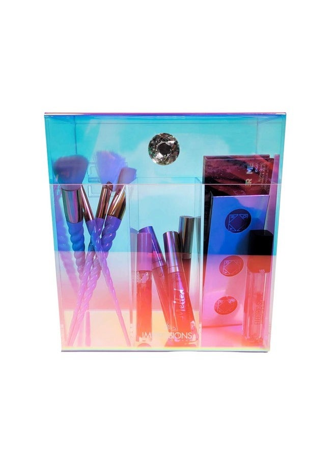 IMPRESSIONS VANITY · COMPANY - Impressions Vanity Prisma Clear Acrylic Makeup Brush Holder, 3 Slots Makeup Organizer With Flip Top Opening, Iridescent Plastic Vanity Organizers Storage Case For Cosmetic, Skincare Accessories - Image 1