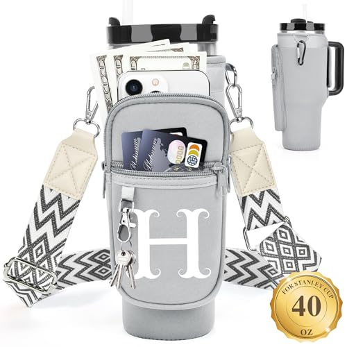 LOKASS Personalized Water Bottle Holder with Strap for Stanley Cup Accessories 40 oz Initial for Stanley Cup Holder Carrier Bag with Phone Pocket Everyday Carry Tumbler Accessories Gray - Image 1