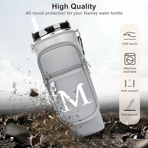 LOKASS Personalized Water Bottle Holder with Strap for Stanley Cup Accessories 40 oz Initial for Stanley Cup Holder Carrier Bag with Phone Pocket Everyday Carry Tumbler Accessories Gray - Image 3