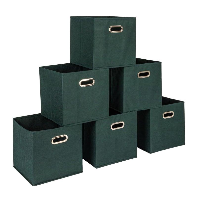 Household Essentials Foldable Fabric Storage Cubes 6-Pack â€“ 11x11x11 Stackable Non-Woven Bins with Chipboard Sides & Grommet Handles â€“ Closet, Shelf, Nursery, or Office Organizer â€“ Dark Green - Image 1