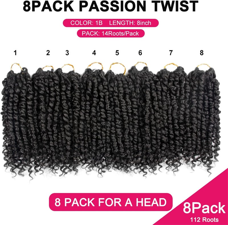 NAYOO Passion Twist Hair - 8 Packs 8 Inch Passion Twist Crochet Hair For Women, Crochet Pretwisted Curly Hair Passion Twists Synthetic Braiding Hair Extensions(8 Inch 8 Packs, 1B) - Image 4