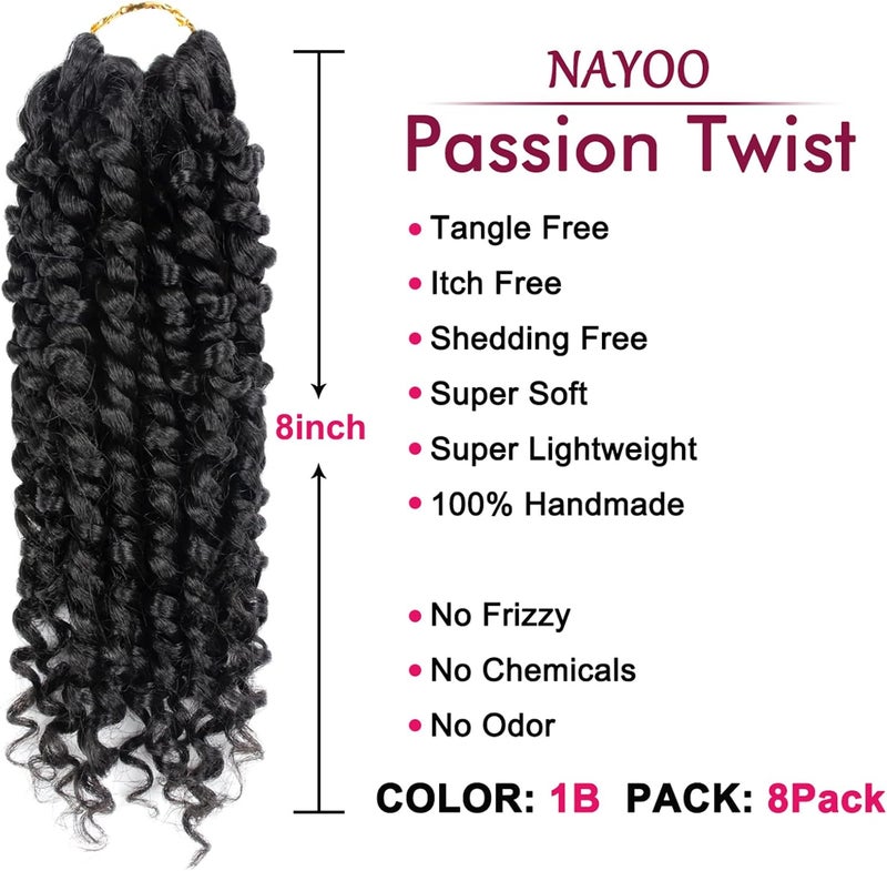 NAYOO Passion Twist Hair - 8 Packs 8 Inch Passion Twist Crochet Hair For Women, Crochet Pretwisted Curly Hair Passion Twists Synthetic Braiding Hair Extensions(8 Inch 8 Packs, 1B) - Image 2