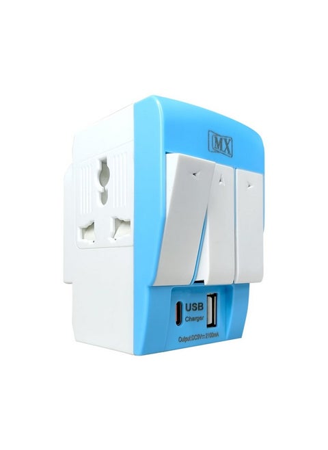 MX 3 Pin Multi Plug Socket-Worldwide 3 pin Plug Universal Travel Adapter with USB Ports & Type-C PD Individual Switch Safety Shutter LED- 3 Way Plug Socket (5A-250V) Type D Plug (Multi-Colour)