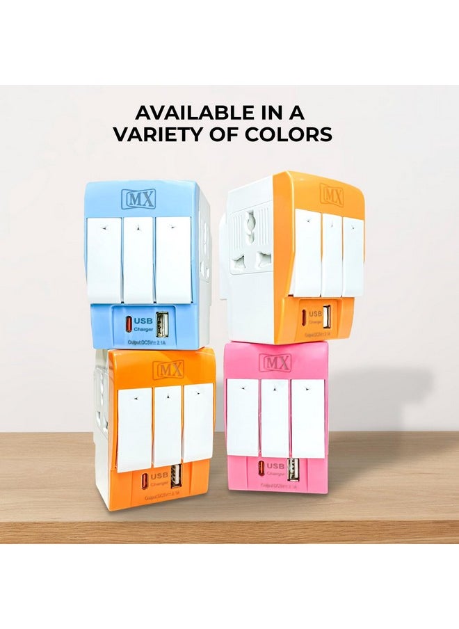 MX - MX 3 Pin Multi Plug Socket-Worldwide 3 pin Plug Universal Travel Adapter with USB Ports & Type-C PD Individual Switch Safety Shutter LED- 3 Way Plug Socket (5A-250V) Type D Plug (Multi-Colour) - Image 1
