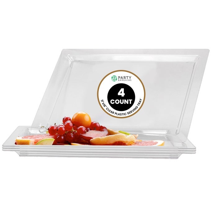 16 X 11 PLASTIC SERVING TRAYS 4 PACK DISPOSABLE CLEAR PLASTIC TRAYS IDEAL FOR WEDDINGS BUFFETS AND BIRTHDAY PARTIES