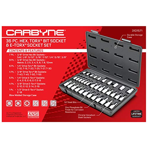 CARBYNE 36-Piece Hex (Allen), Torx Bit Socket & E-Torx Set | Includes Metric 2mm – 10mm, SAE 1/8 in. – 3/8 in., T10 – T55, E4 – E18, S2 Steel Bits, Cr-V Sockets, Durable Case - Image 3