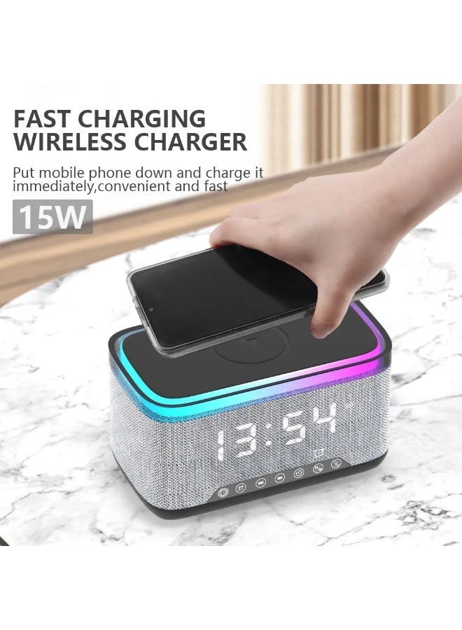 7-in-1 Multifunction Design – Combines Bluetooth speaker, alarm clock, LED clock display, FM radio, 7 nature sleep sounds, 15W wireless charger, and RGB night light. - Image 1