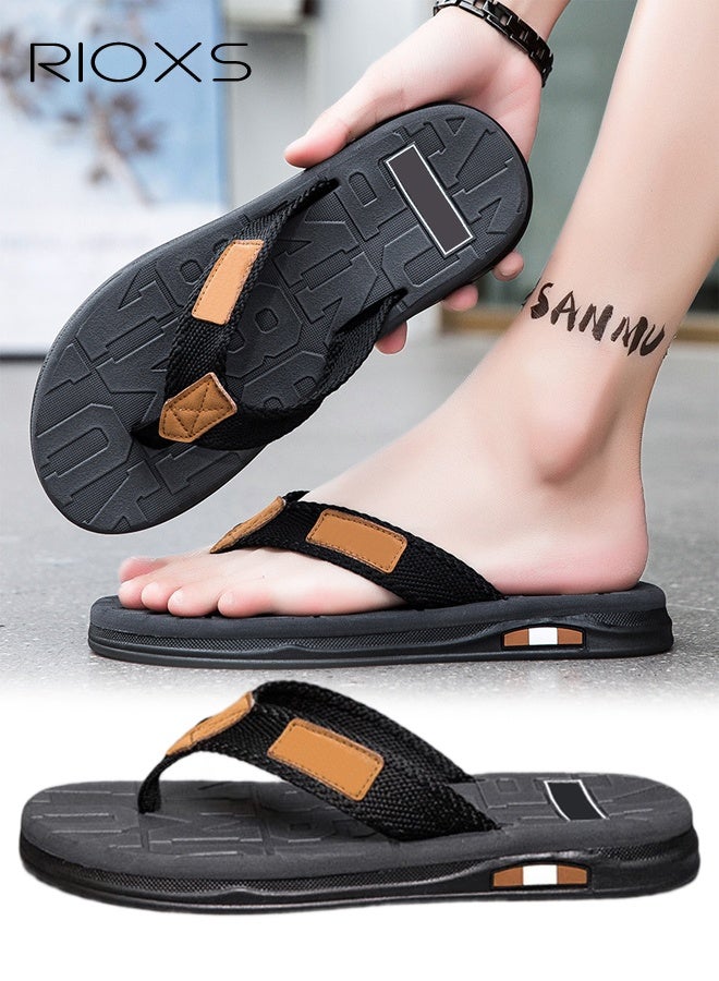 RIOXS Men's Flip Flops, Comfortable Summer Beach Thong Sandals, Slide Sandals For Men, Flip Flops With Cushion Walking Arch Support, Yoga Mat Indoor Outdoor Slippers Lightweight Non-Slip Slippers-Black Flip Flops  - Image 1