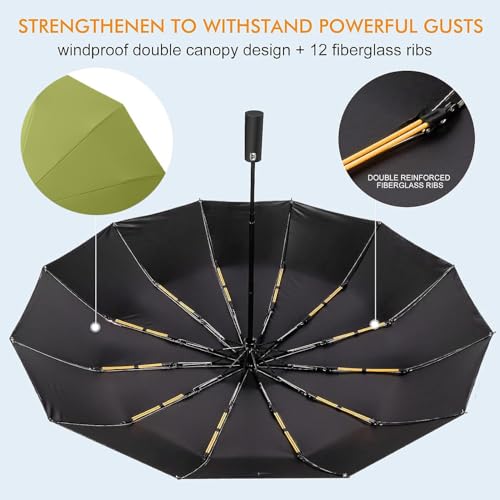 Alexvyan Green 12 Ribs Car Large Travel Auto Open/Close Umbrella Windproof for Rain & Sun UV Protection, Strong Umbrella for Men & Women, Wind Resistant, Portable Folding Umbrellas for Backpack - Image 4