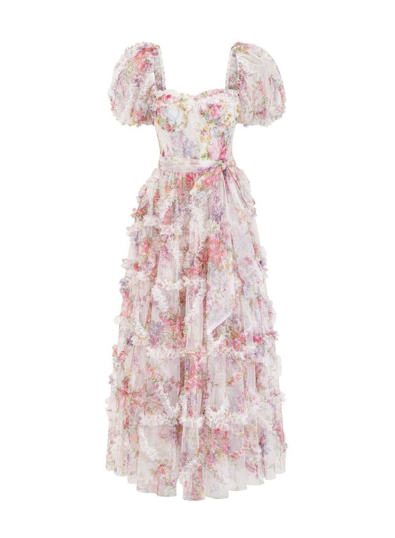 M MIAOYAN Women's Evening Dress White Floral Mesh Elegant Casual Dress  - Image 4