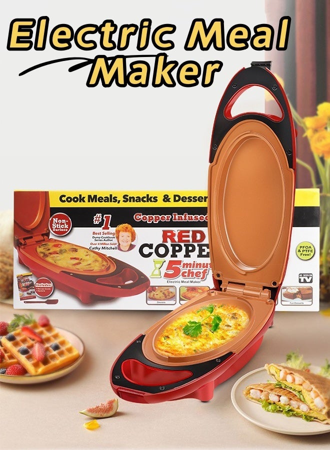 Portable Non-Stick Copper Electric Meal Maker,Multifunctional Portable Breakfast Maker,Copper Coated Dual Side Grill Machine for Omelets, Sandwiches, Pizza, Pancakes & Meat