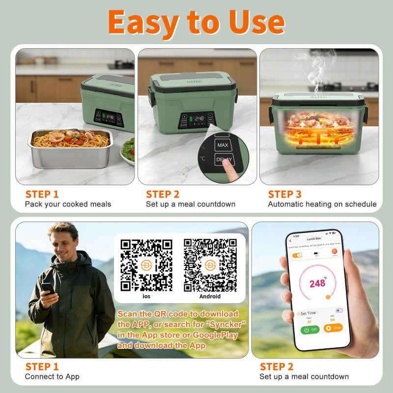 Monteka Cordless Electric Lunch Box for Adults, Rechargeable Heated Lunch Box with Scheduled Heating, Portable Food Warmer with Memory Function & Automatic Keep Warm, Christmas White Elephant Gifts - Image 5