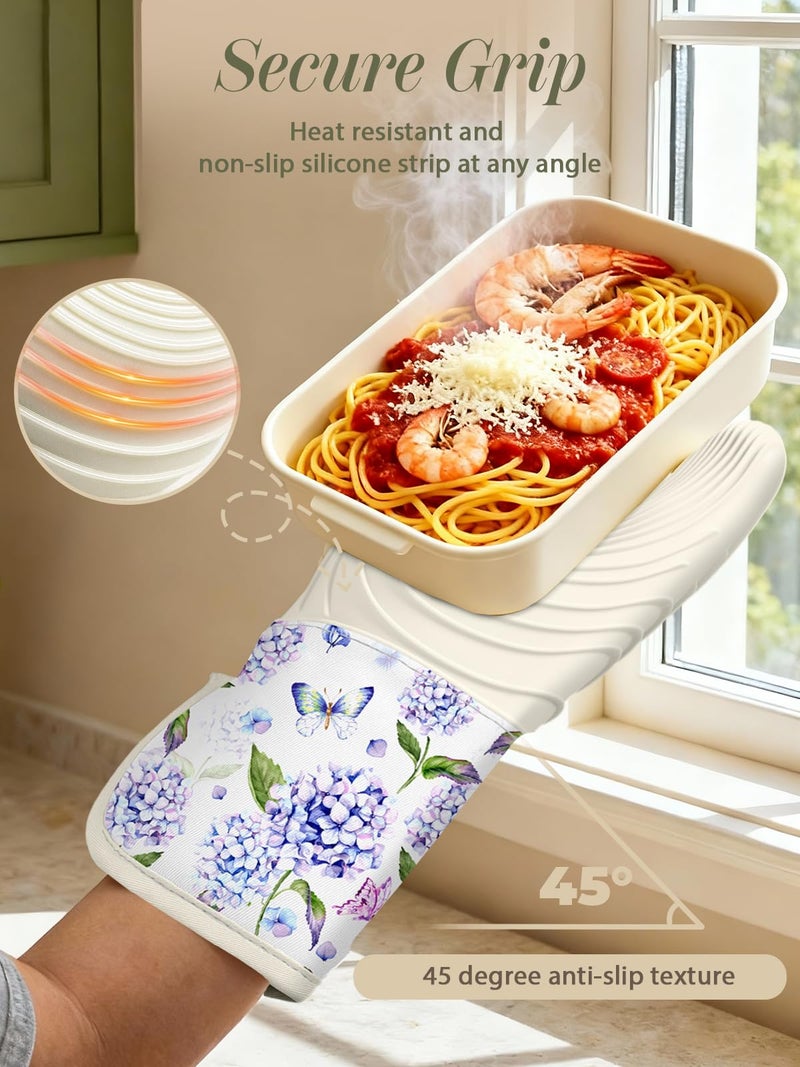 Slohif Long Silicone Oven Mitts Heat Resistant for Women - 2 Pcs Blue Flower 100% Cotton Oven Gloves, Non-Slip and Waterproof Silicone Oven Mitts with Hanger for Baking and Cooking - Image 3