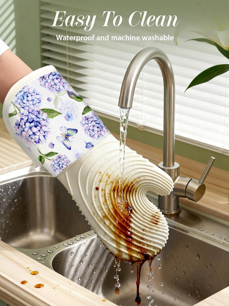 Slohif Long Silicone Oven Mitts Heat Resistant for Women - 2 Pcs Blue Flower 100% Cotton Oven Gloves, Non-Slip and Waterproof Silicone Oven Mitts with Hanger for Baking and Cooking - Image 4
