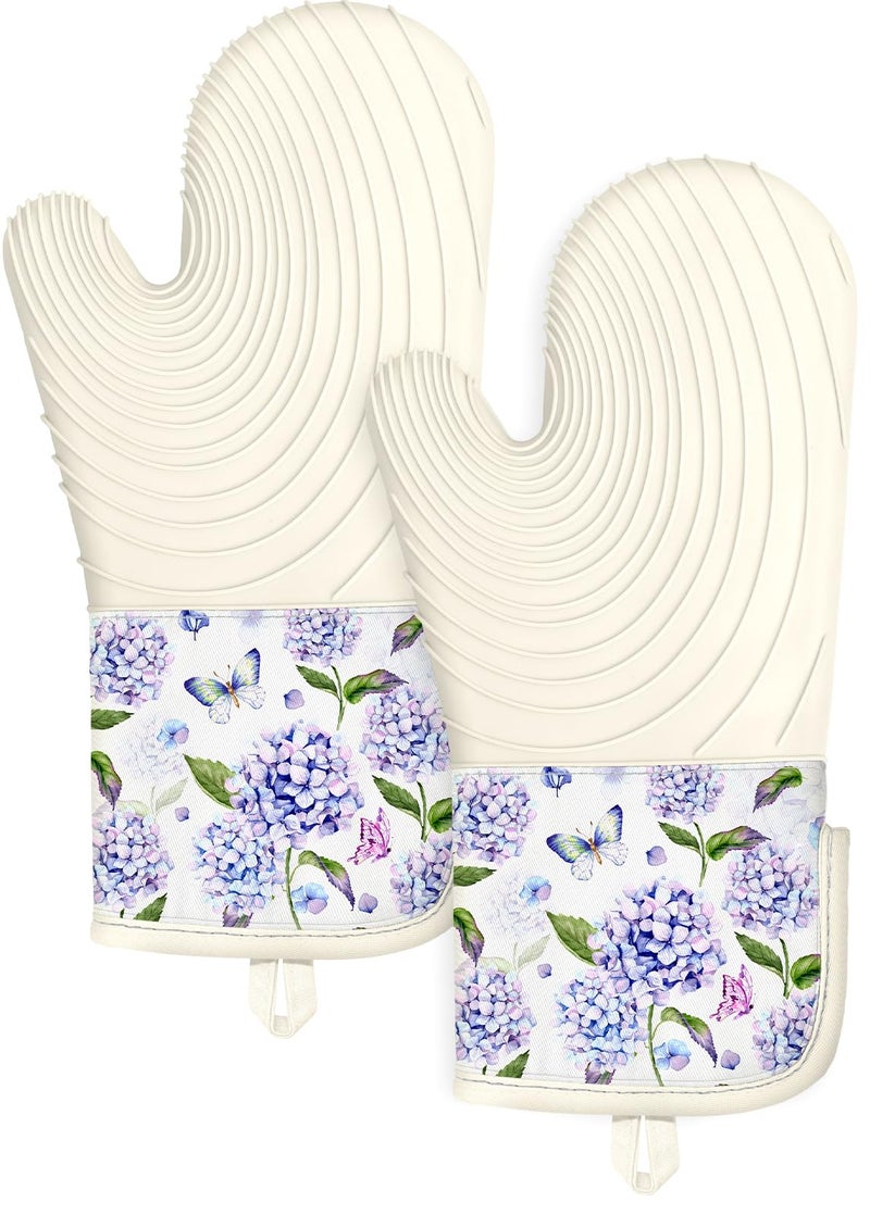 Slohif Long Silicone Oven Mitts Heat Resistant for Women - 2 Pcs Blue Flower 100% Cotton Oven Gloves, Non-Slip and Waterproof Silicone Oven Mitts with Hanger for Baking and Cooking - Image 1