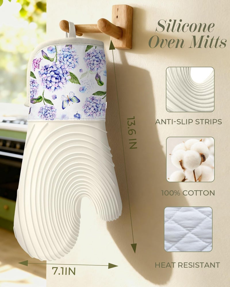 Slohif Long Silicone Oven Mitts Heat Resistant for Women - 2 Pcs Blue Flower 100% Cotton Oven Gloves, Non-Slip and Waterproof Silicone Oven Mitts with Hanger for Baking and Cooking - Image 2