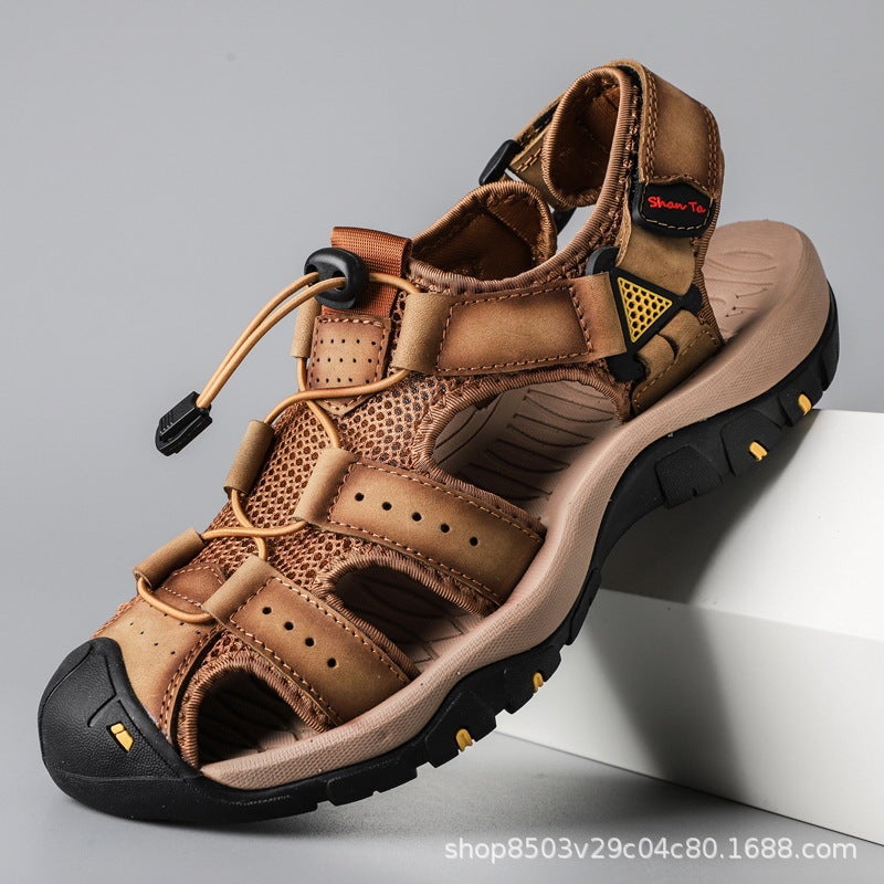 Men’s Genuine Leather Casual Sandals, Breathable Waterproof Anti-Slip Footwear For Beach & Daily Outdoor  Use