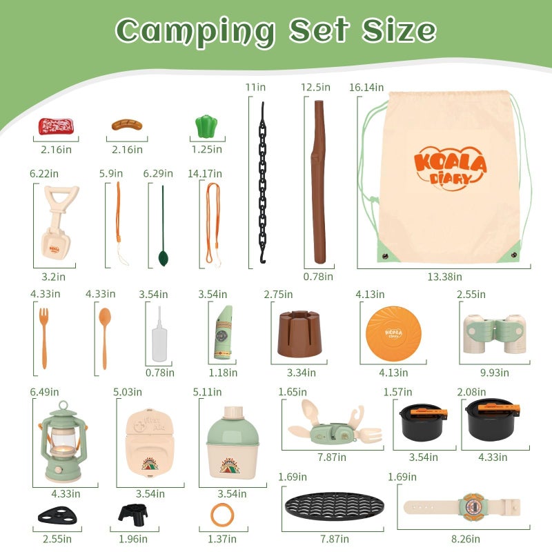 KOALA DIARY Kids Camping Toys Set - Pretend Play Camping Set with Food Toy, Spray Stove, Oil Lantern, Binoculars, Compass, Tableware, Watch & Storage Bag, Birthday for Ages 3+ - Image 5