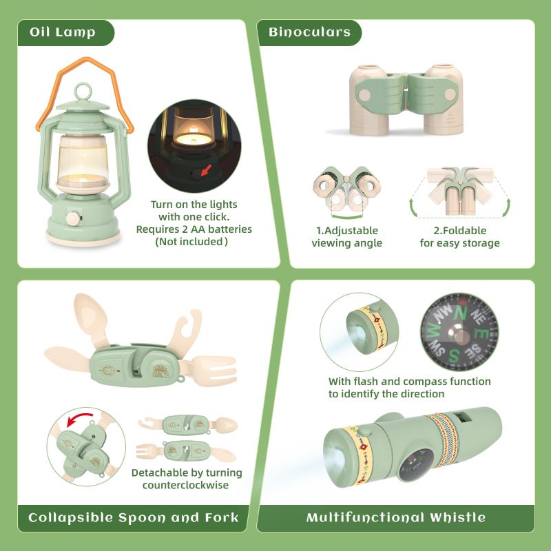KOALA DIARY Kids Camping Toys Set - Pretend Play Camping Set with Food Toy, Spray Stove, Oil Lantern, Binoculars, Compass, Tableware, Watch & Storage Bag, Birthday for Ages 3+ - Image 2