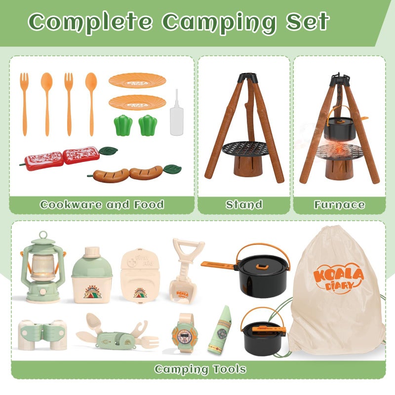 KOALA DIARY Kids Camping Toys Set - Pretend Play Camping Set with Food Toy, Spray Stove, Oil Lantern, Binoculars, Compass, Tableware, Watch & Storage Bag, Birthday for Ages 3+ - Image 4